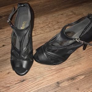 T strap stilettos with mesh inserts